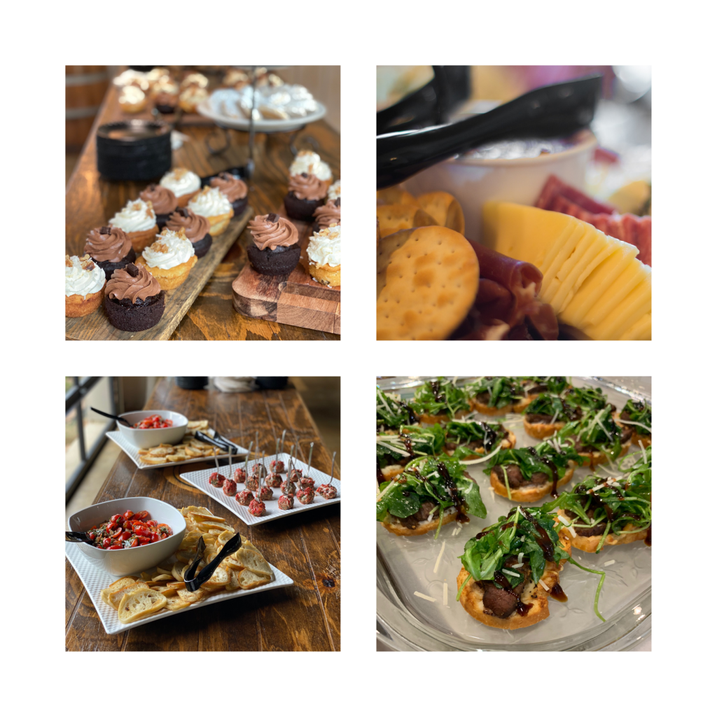 Images of cupcakes, charcuterie, and bruschetta
